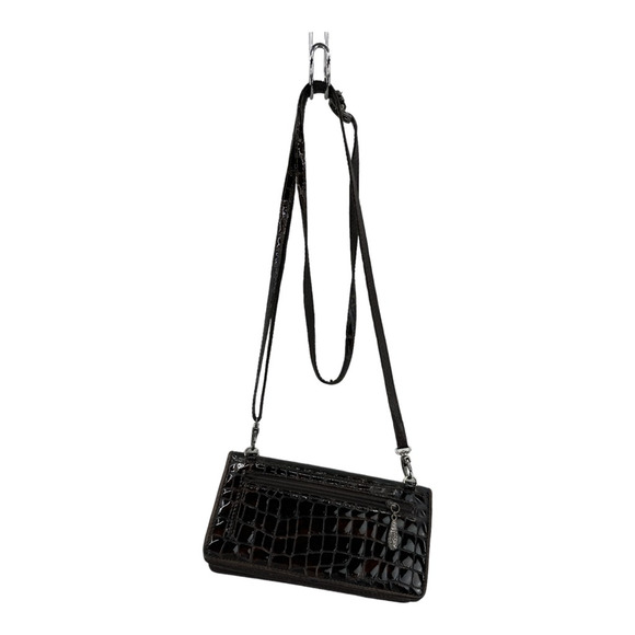 Brighton Womens Crossbody Bag Brown Patent Crocodile Print Snap Flap Card Slot M - Picture 2 of 12